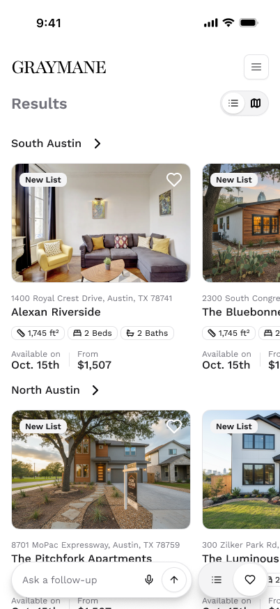 Grouped results by neighborhood — 2-column grid with tappable district headers